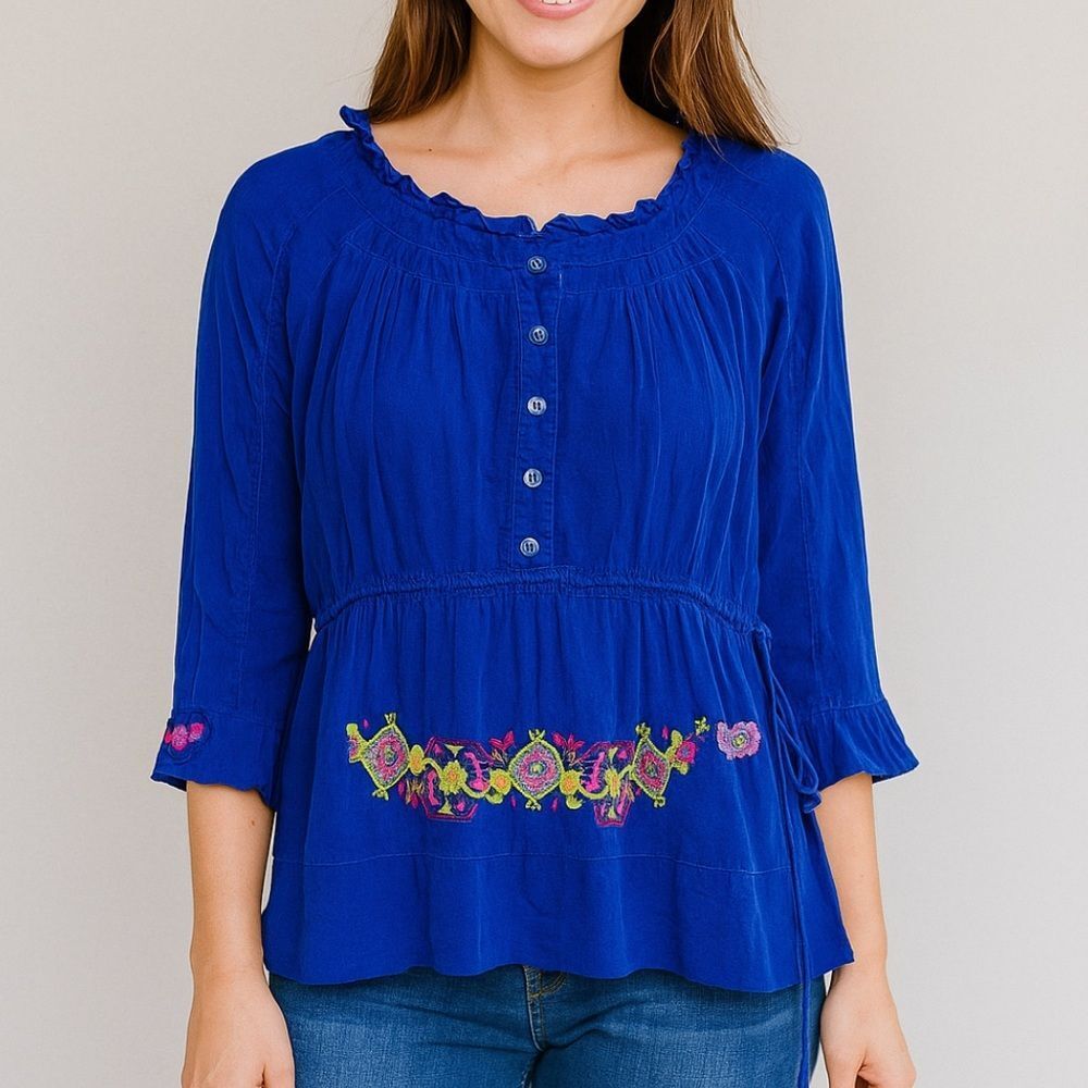 Johnny was blue embroidered blouse small